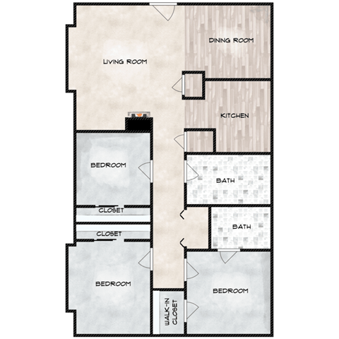 Floor plan for 3 beds, 2 baths, 1310 sqft